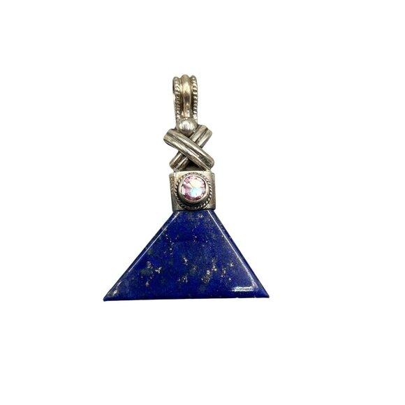 Triangle Blue Lapis Lazuli Sterling Silver Pendant with Pink Glass Stone - Picture 1 of 6
